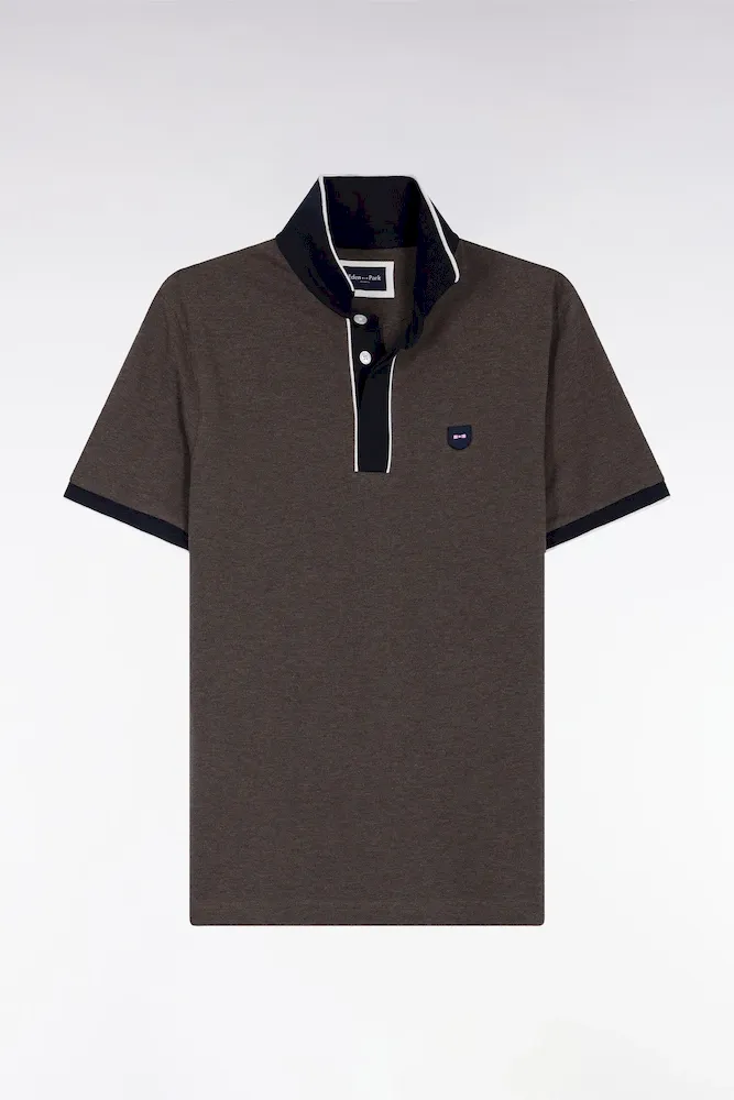 Polo Manches Courtes En Piqué Coton Stretch Marron Coupe Slim