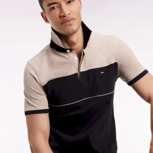 Polo bicolore manches courtes en piqué coton stretch noir coupe slim