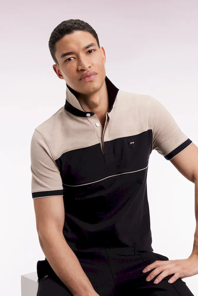 Polo bicolore manches courtes en piqué coton stretch noir coupe slim