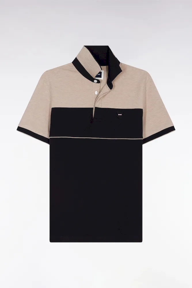 Polo Bicolore Manches Courtes En Piqué Coton Stretch Noir Coupe Slim