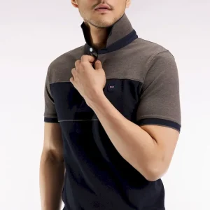 Polo bicolore manches courtes en piqué coton stretch marine coupe slim