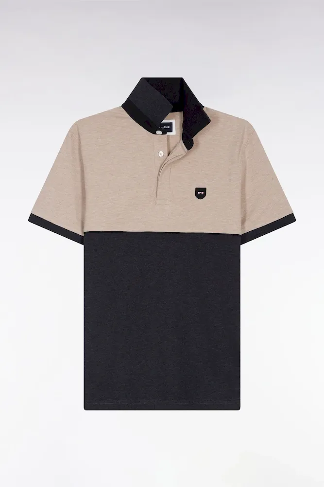 Polo Bicolore Manches Courtes En Piqué Coton Stretch Gris Foncé Coupe Slim