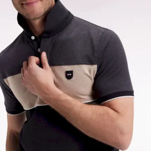 Polo tricolore manches courtes en piqué coton stretch gris coupe slim