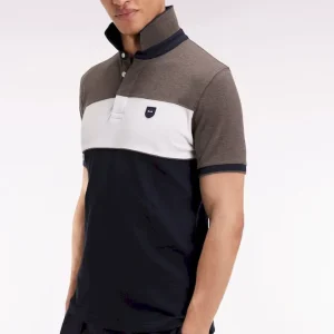 Polo tricolore manches courtes en piqué coton stretch marron coupe slim