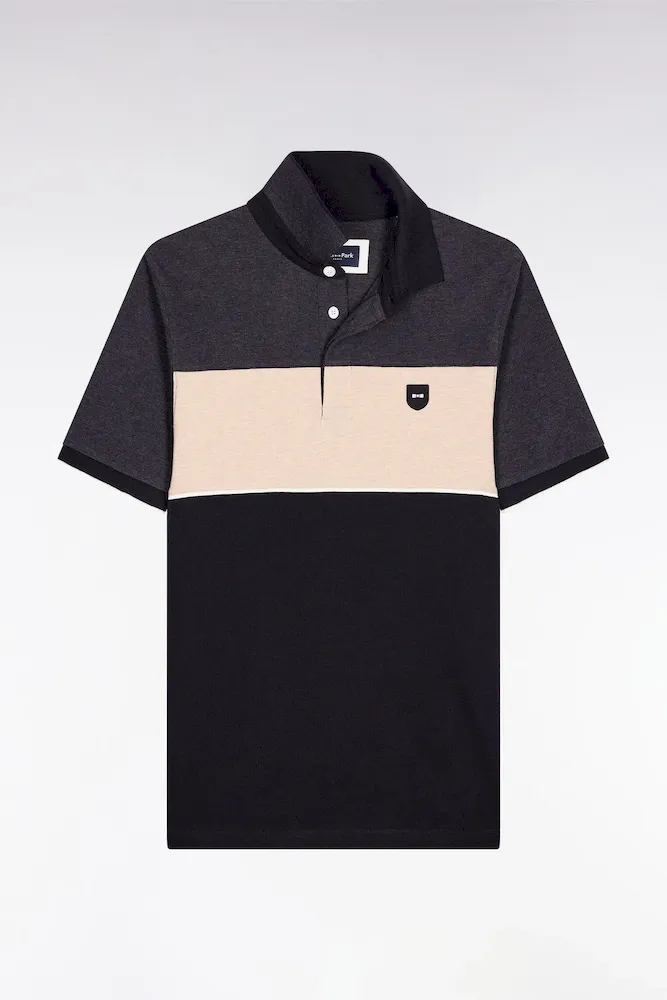 Polo Tricolore Manches Courtes En Piqué Coton Stretch Gris Coupe Slim