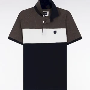 Alternative view of Polo tricolore manches courtes en piqué coton stretch marron coupe slim