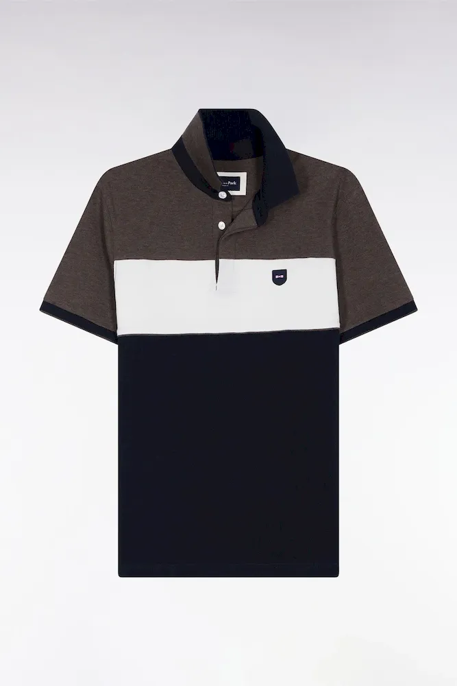 Polo Tricolore Manches Courtes En Piqué Coton Stretch Marron Coupe Slim