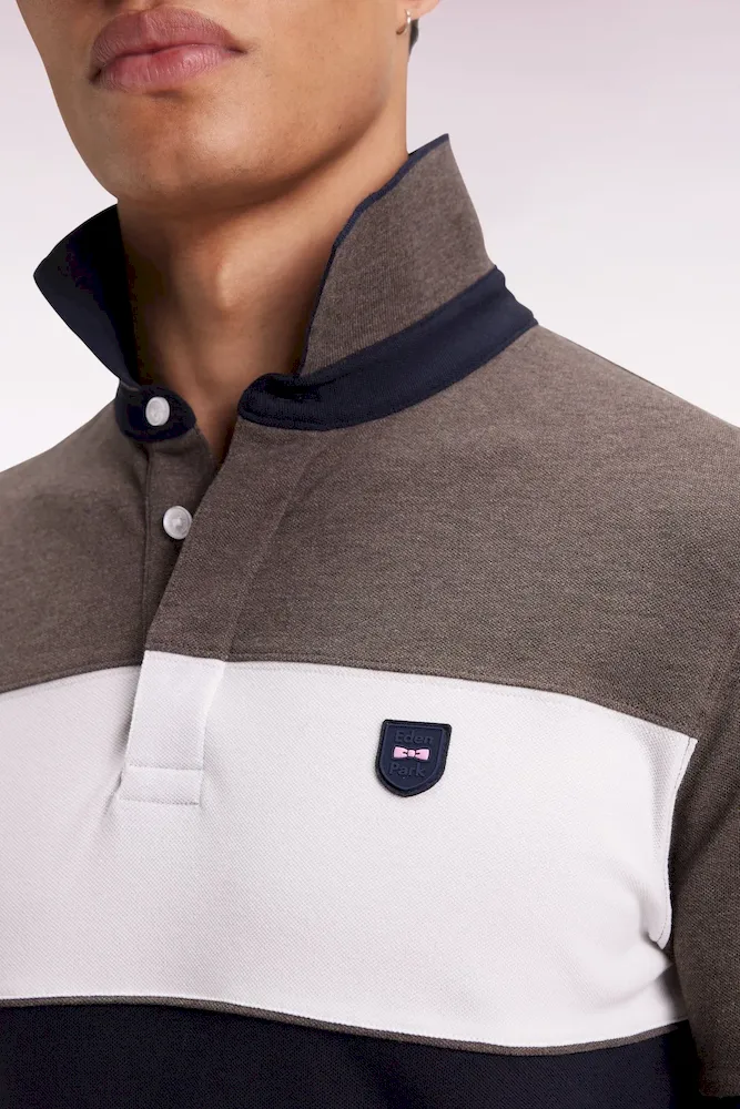 Polo tricolore manches courtes en piqué coton stretch marron coupe slim – Bild 4