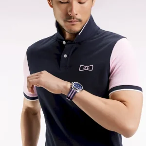 Polo manches courtes roses en piqué coton marine coupe droite