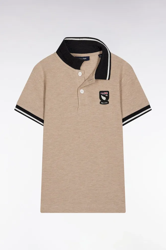 Polo à manches courtes en coton marine et beige écusson 10 coupe droite