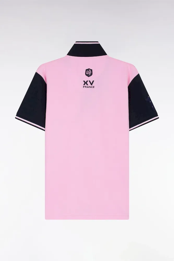 Polo Manches Courtes Rose Et Marine Finitions Tricolores Coupe Droite