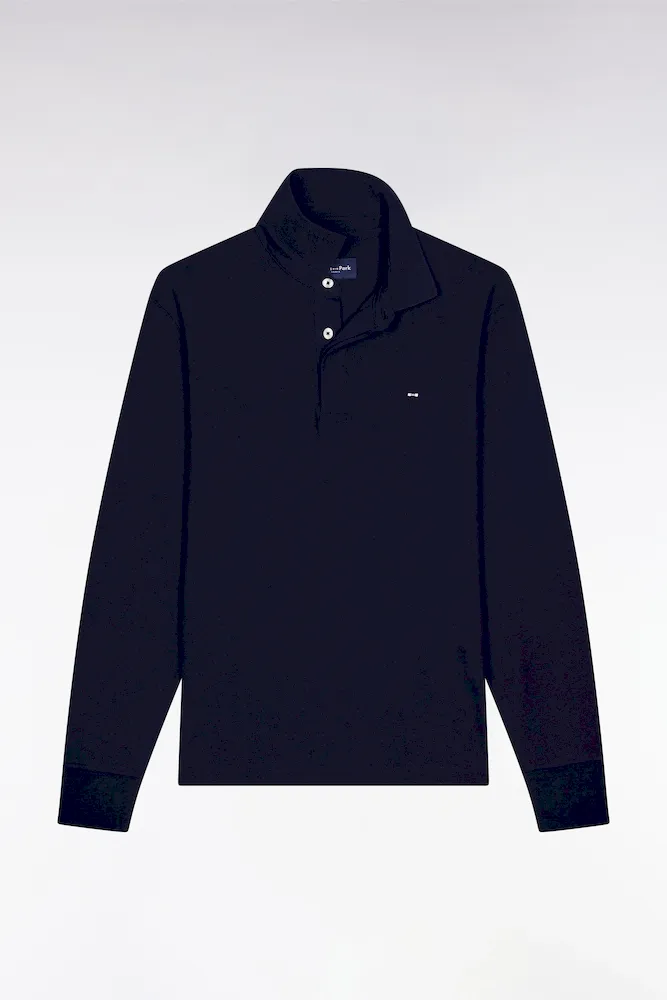 Polo à Manches Longues En Coton Stretch Marine Coupe Slim
