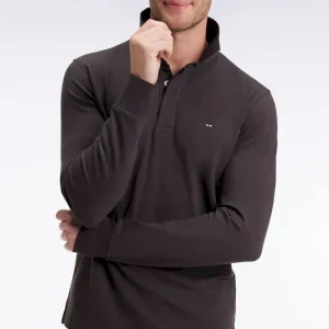 Polo à manches longues en coton stretch marron coupe slim