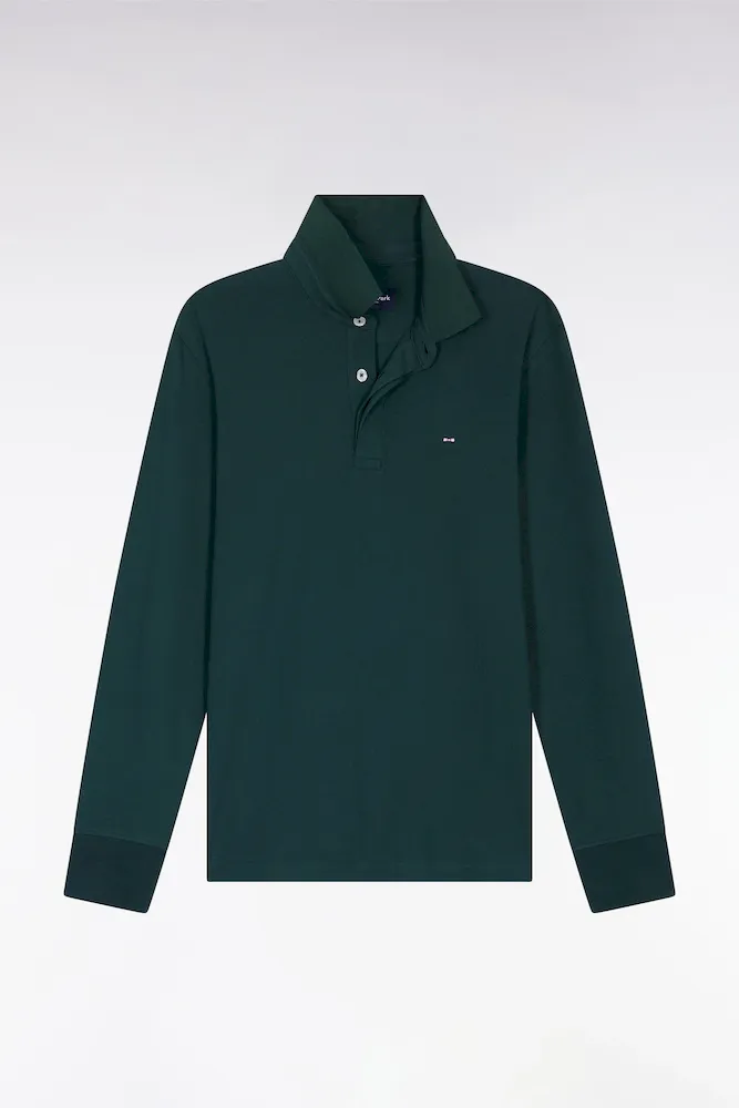 Polo à Manches Longues En Coton Stretch Vert Bouteille Coupe Slim