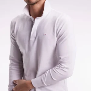 Polo à manches longues en coton stretch blanc coupe slim