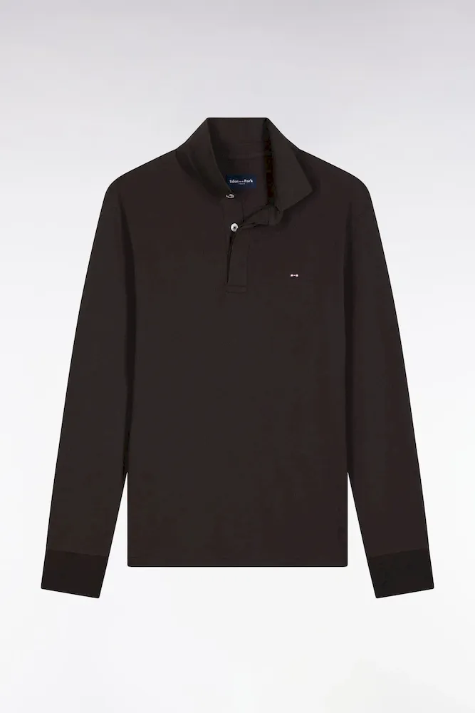 Polo à Manches Longues En Coton Stretch Marron Coupe Slim