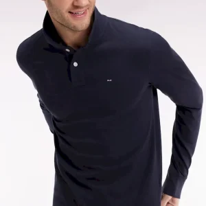 Polo à manches longues en coton Pima marine coupe droite