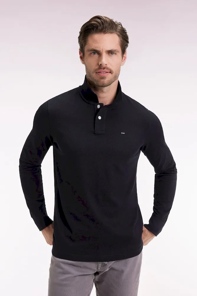 Polo à manches longues en coton Pima noir coupe droite – Bild 3