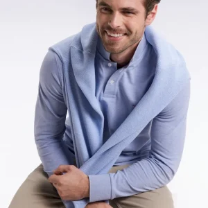 Polo à manches longues en coton chiné ciel coupe droite