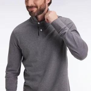 Polo à manches longues en coton chiné gris coupe droite