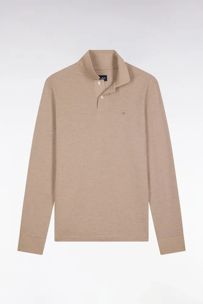 Polo à Manches Longues En Coton Chiné Beige Coupe Droite