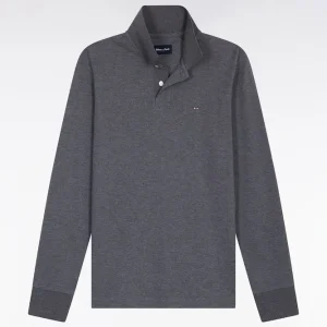 Alternative view of Polo à manches longues en coton chiné gris coupe droite