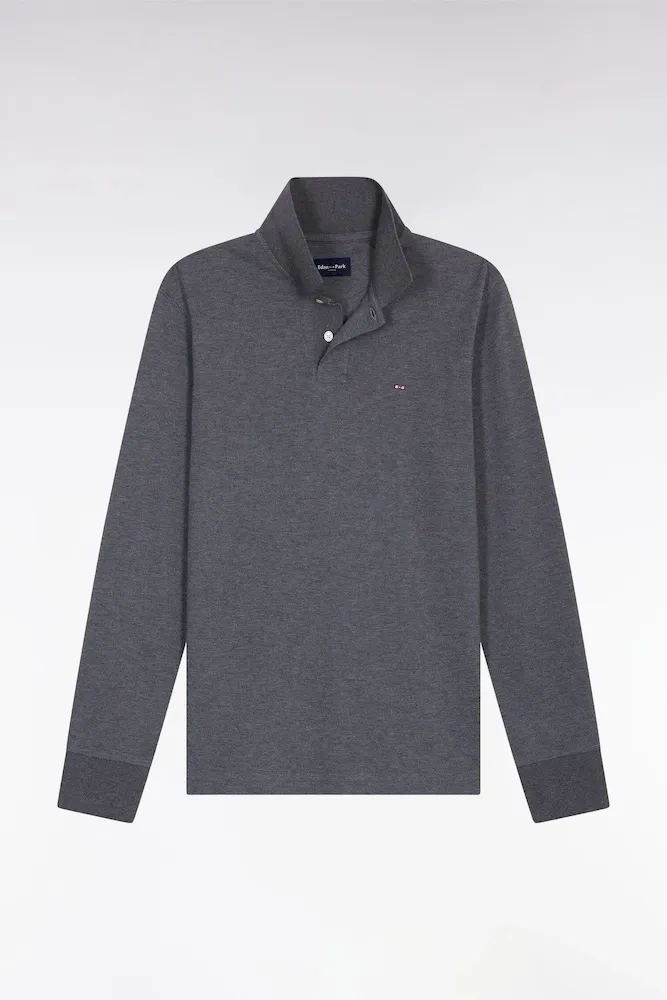 Polo à Manches Longues En Coton Chiné Gris Coupe Droite