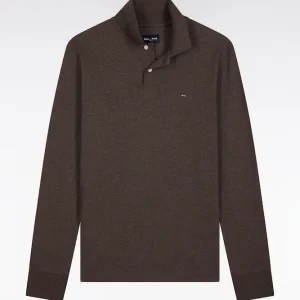 Alternative view of Polo à manches longues en coton chiné marron coupe droite