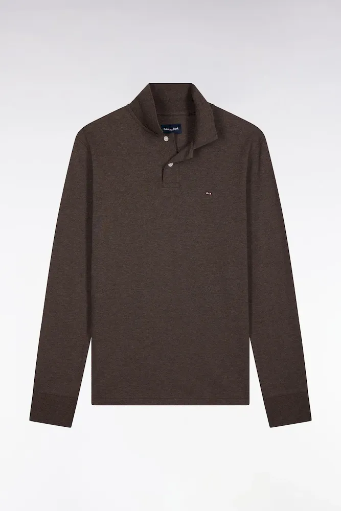 Polo à Manches Longues En Coton Chiné Marron Coupe Droite