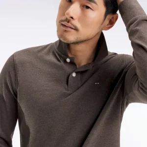 Polo à manches longues en coton chiné marron coupe droite