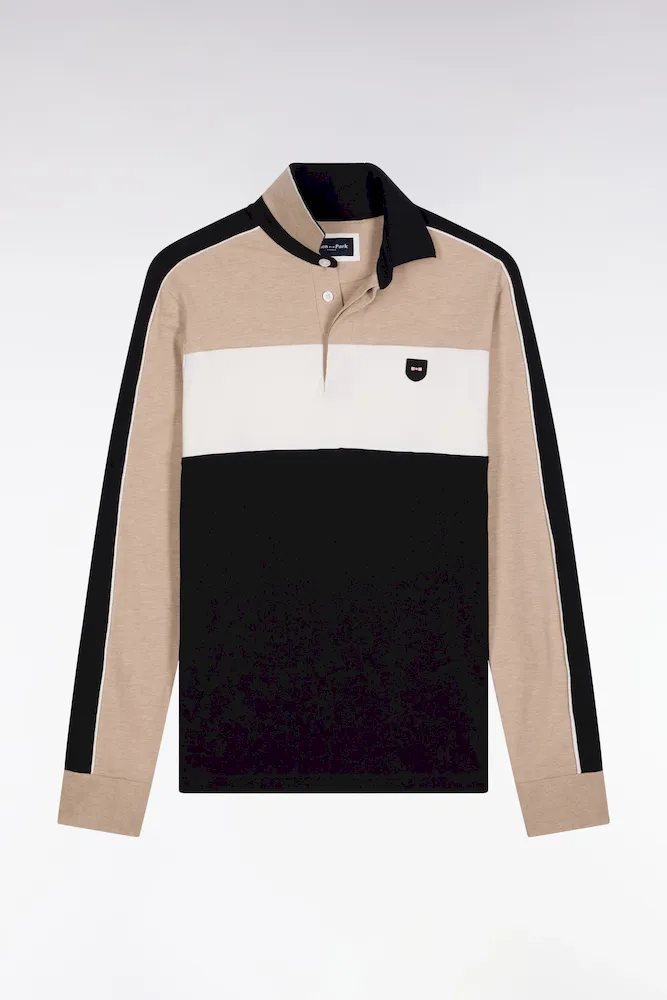 Polo Tricolore à Manches Longues En Coton Stretch Beige Coupe Slim