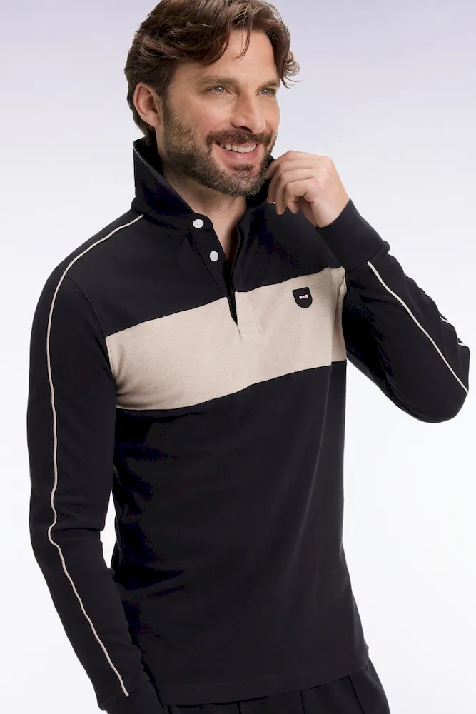 Polo tricolore à manches longues en coton stretch noir coupe slim