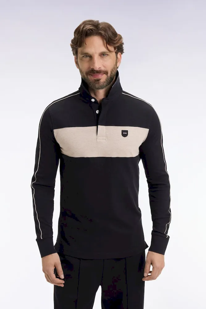 Polo tricolore à manches longues en coton stretch noir coupe slim – Bild 3