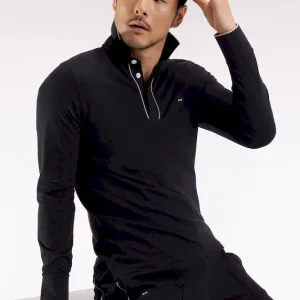 Polo à manches longues en coton stretch noir passepoilé coupe slim
