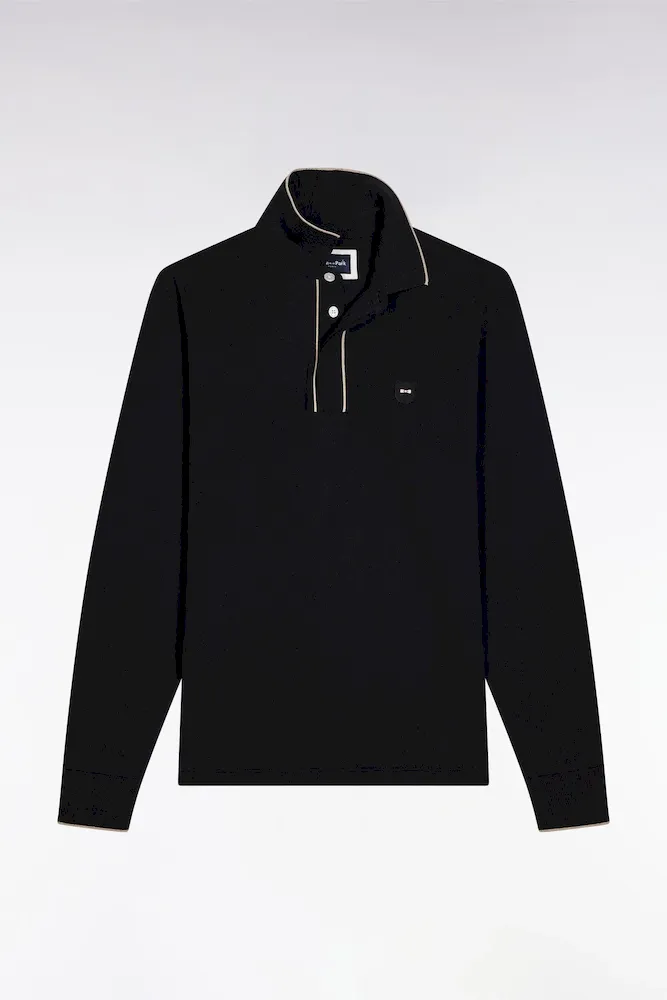 Polo à Manches Longues En Coton Stretch Noir Passepoilé Coupe Slim