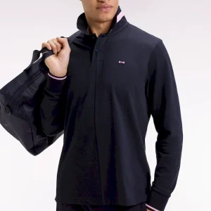 Polo à manches longues en piqué coton marine liserés roses coupe Relaxed