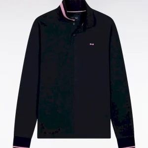 Alternative view of Polo à manches longues en piqué coton marine liserés roses coupe Relaxed