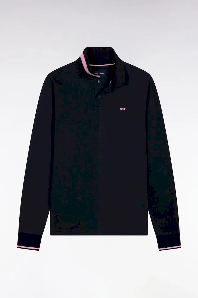 Polo à Manches Longues En Piqué Coton Marine Liserés Roses Coupe Relaxed