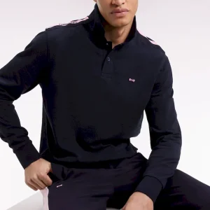Polo à manches longues en piqué coton marine galon rose siglé