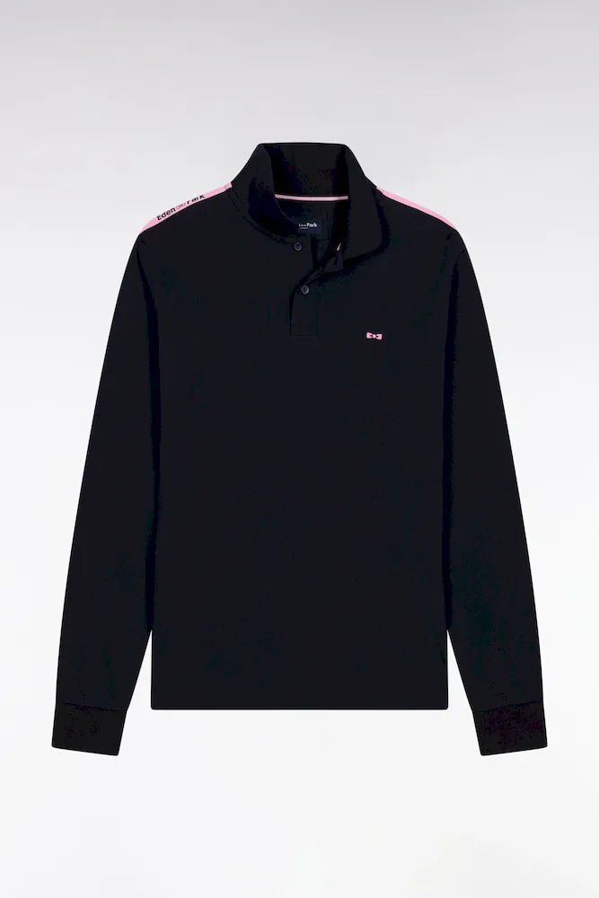 Polo à Manches Longues En Piqué Coton Marine Galon Rose Siglé