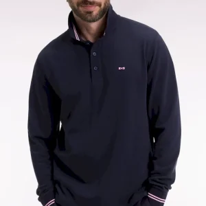 Polo à manches longues en piqué coton marine dessous de col rayé