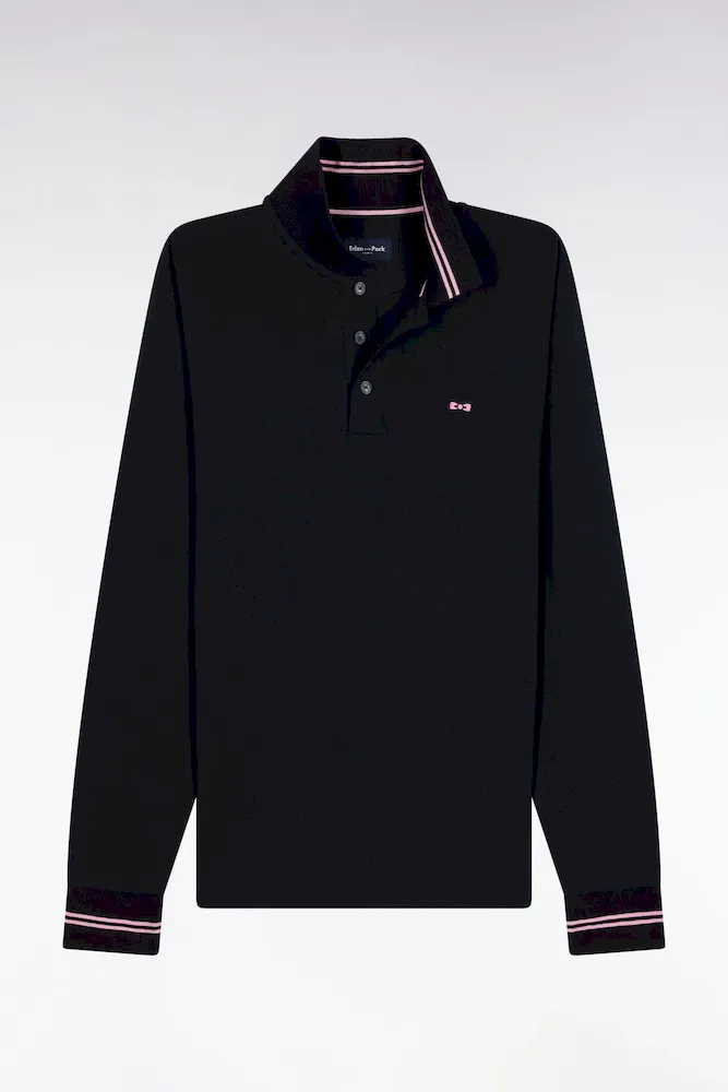 Polo à Manches Longues En Piqué Coton Marine Dessous De Col Rayé