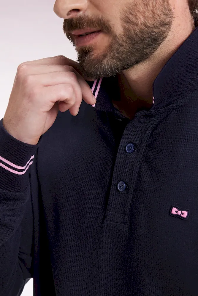 Polo à manches longues en piqué coton marine dessous de col rayé – Bild 4