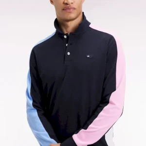 Polo à manches longues marine à découpes manches tricolores