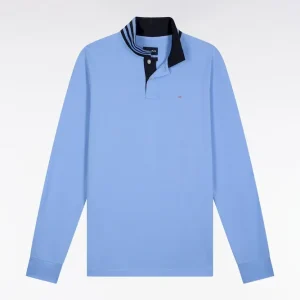 Alternative view of Polo à manches longues en piqué coton ciel dessous de col rayé