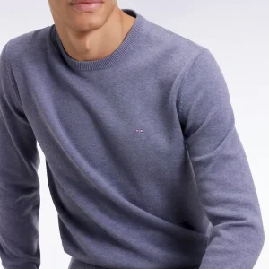 Pull col rond en laine et coton bleu