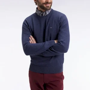 Pull col rond en laine et coton bleu foncé