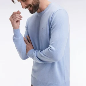 Pull col rond en laine et coton ciel