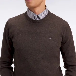 Pull col rond en laine et coton marron foncé