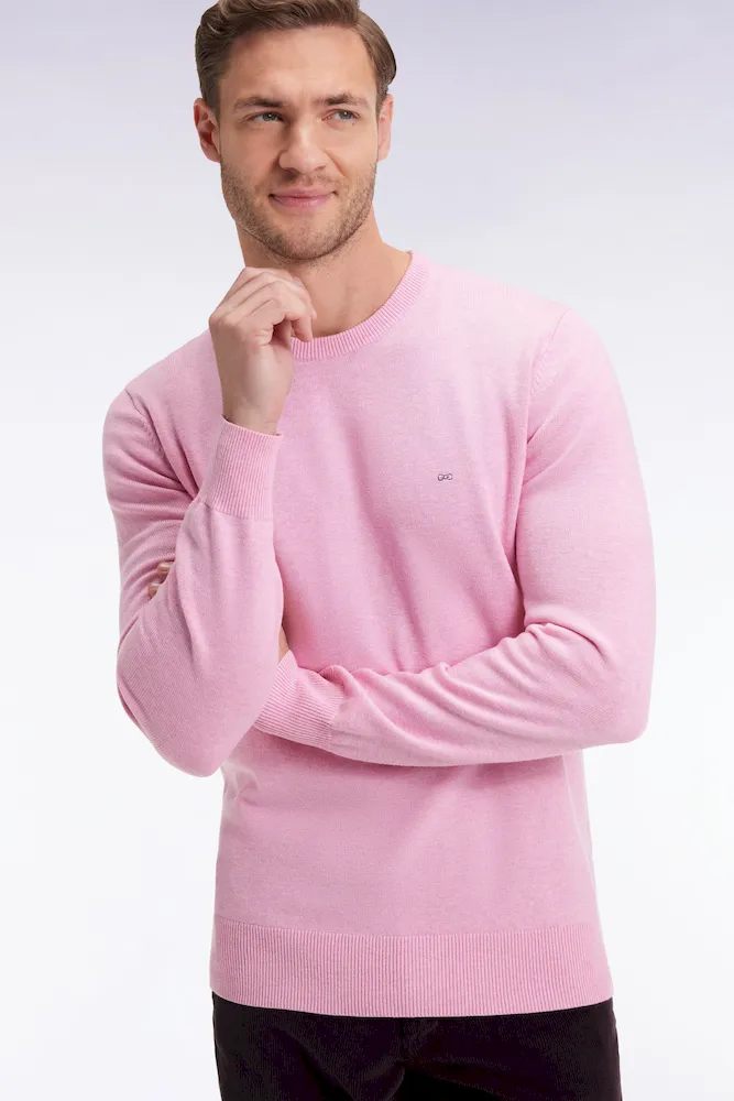 Pull col rond en laine et coton rose